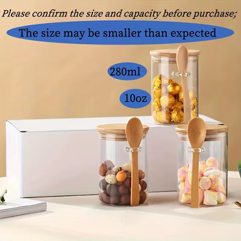 280Ml Candy Jar, Biscuit Jar, Glass Storage Jar with Sealed Bamboo Lid and Spoon - 10Oz Transparent Glass Bulk Food Storage Jar