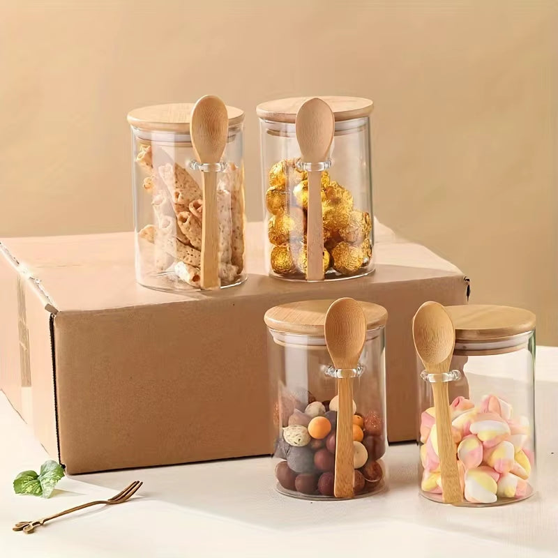 280Ml Candy Jar, Biscuit Jar, Glass Storage Jar with Sealed Bamboo Lid and Spoon - 10Oz Transparent Glass Bulk Food Storage Jar