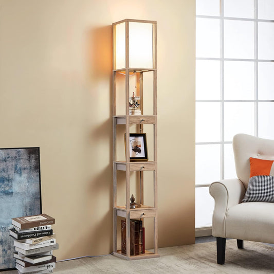 Shelf Floor Lamp with Storage Drawers – Wooden Standing Lamp with Pull Chain and Warm LED Lighting – Perfect for Bedroom, Living Room, Small Spaces Aaron