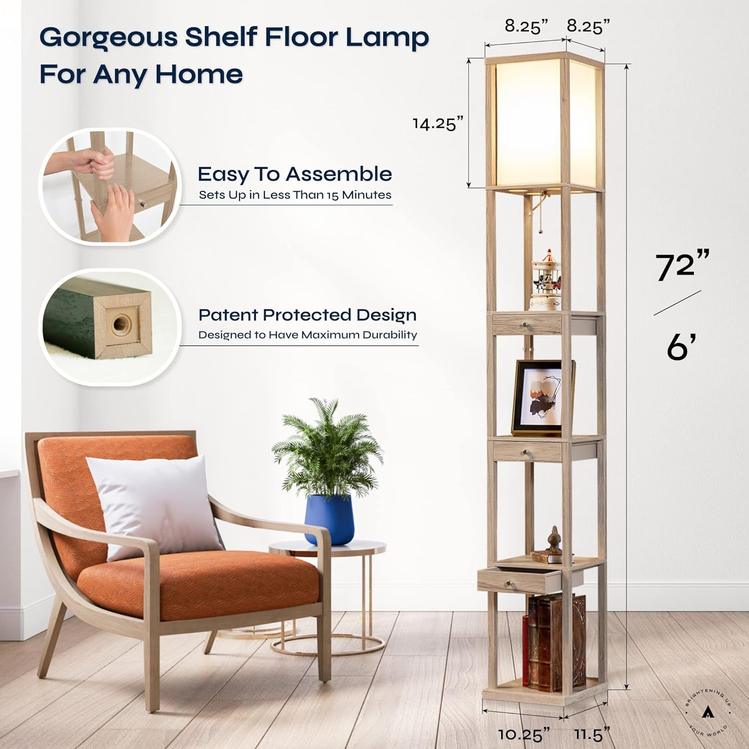 Shelf Floor Lamp with Storage Drawers – Wooden Standing Lamp with Pull Chain and Warm LED Lighting – Perfect for Bedroom, Living Room, Small Spaces Aaron