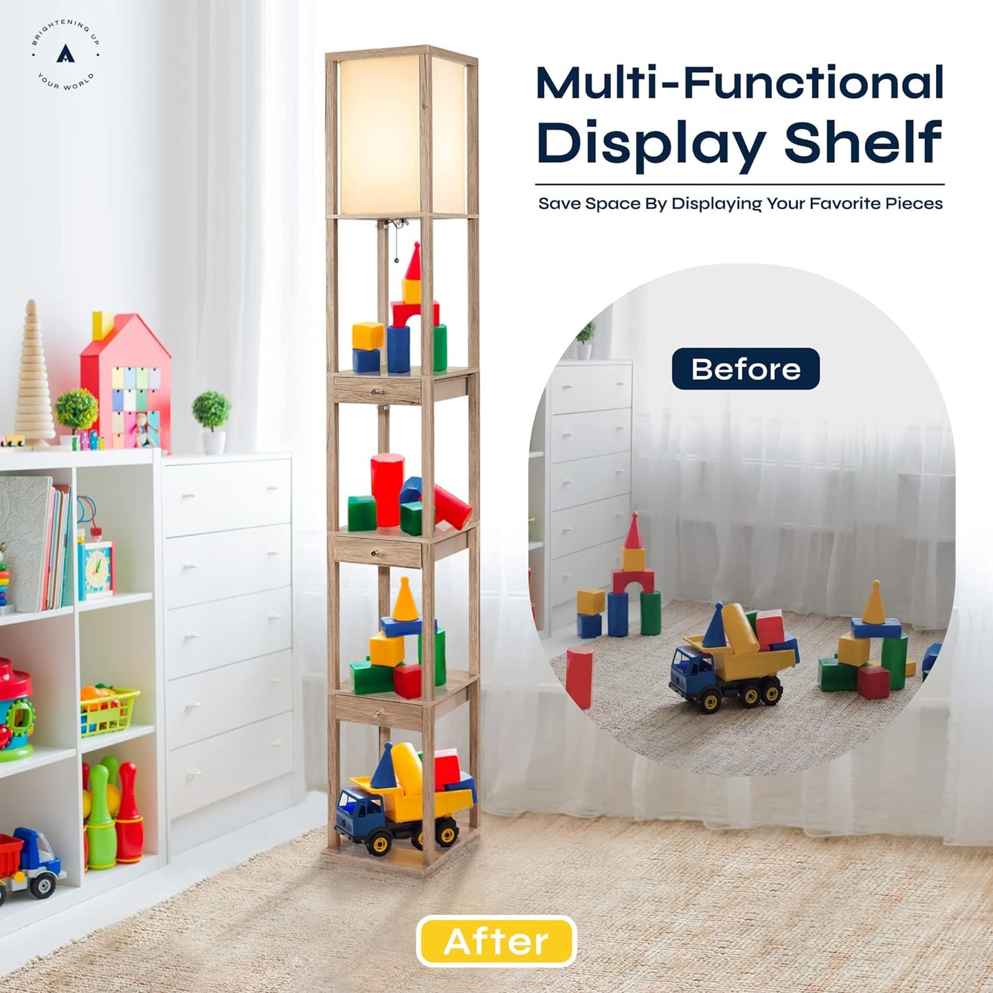Shelf Floor Lamp with Storage Drawers – Wooden Standing Lamp with Pull Chain and Warm LED Lighting – Perfect for Bedroom, Living Room, Small Spaces Aaron