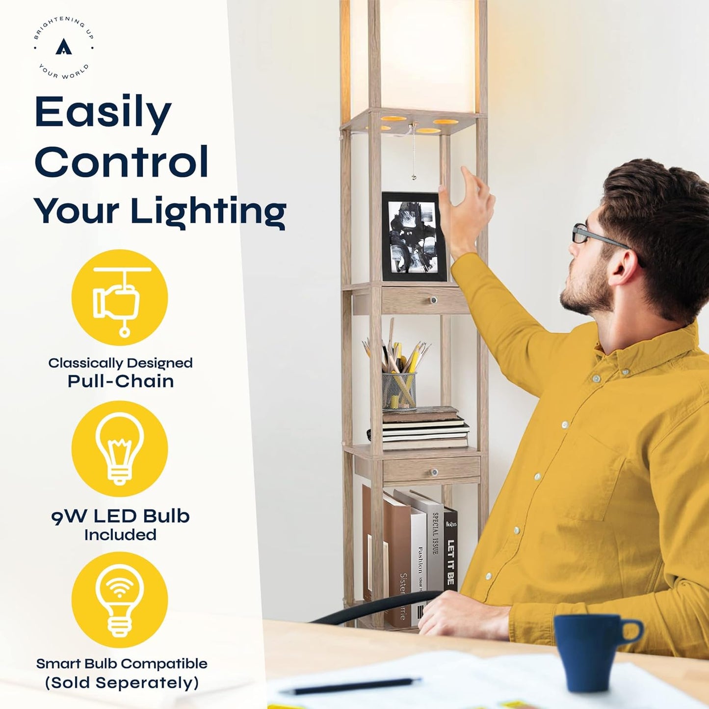Shelf Floor Lamp with Storage Drawers – Wooden Standing Lamp with Pull Chain and Warm LED Lighting – Perfect for Bedroom, Living Room, Small Spaces Aaron