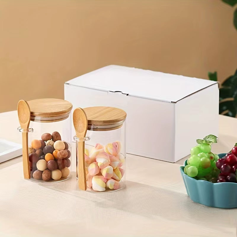 280Ml Candy Jar, Biscuit Jar, Glass Storage Jar with Sealed Bamboo Lid and Spoon - 10Oz Transparent Glass Bulk Food Storage Jar