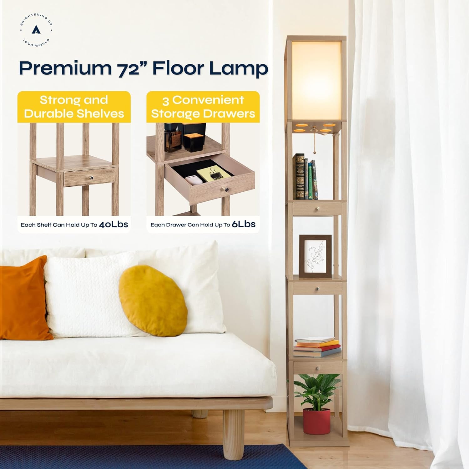 Shelf Floor Lamp with Storage Drawers – Wooden Standing Lamp with Pull Chain and Warm LED Lighting – Perfect for Bedroom, Living Room, Small Spaces Aaron