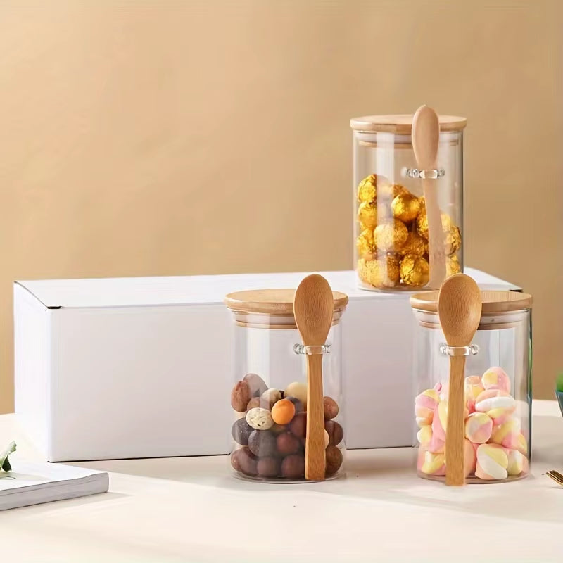 280Ml Candy Jar, Biscuit Jar, Glass Storage Jar with Sealed Bamboo Lid and Spoon - 10Oz Transparent Glass Bulk Food Storage Jar