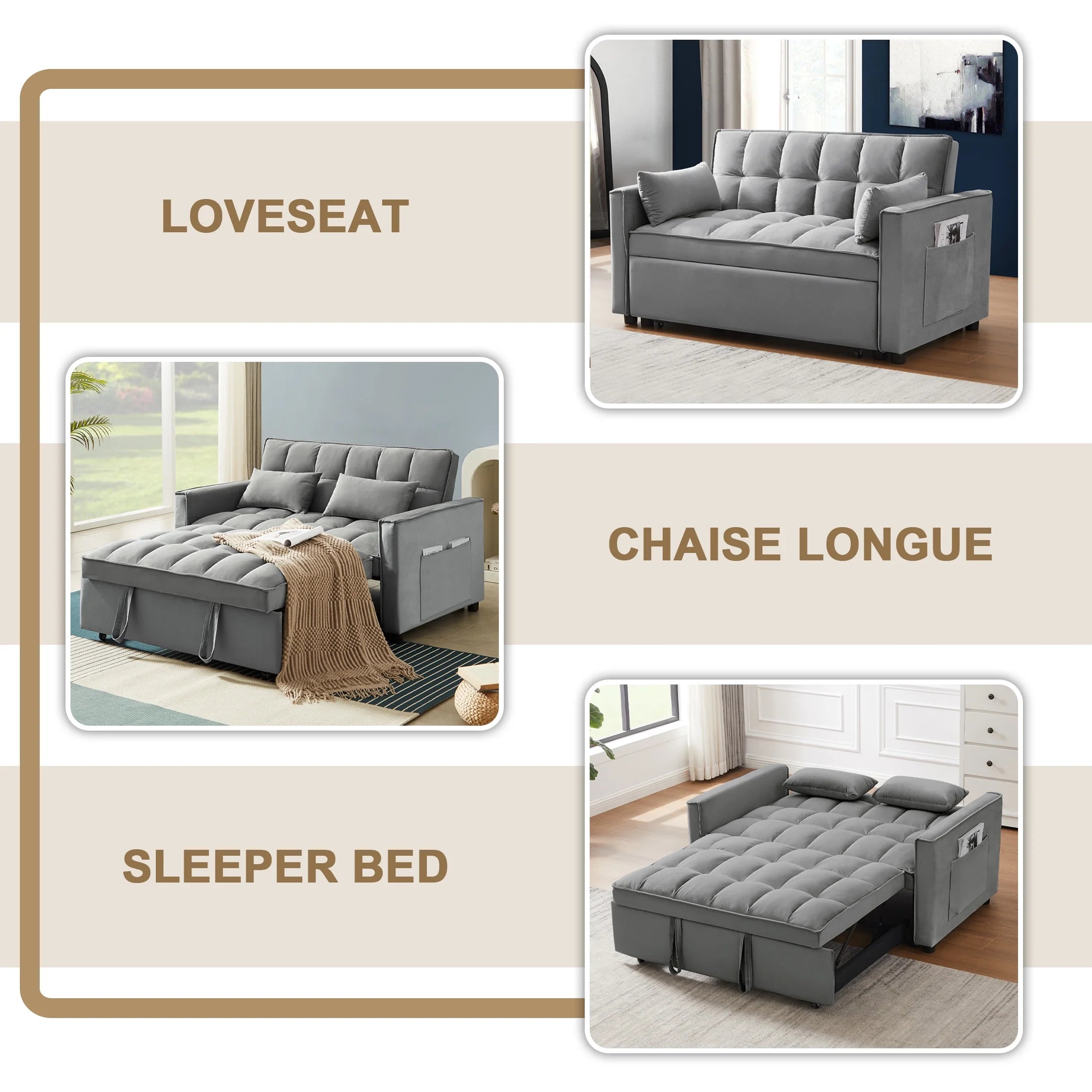 Loveseat Convertible Sleeper Sofa Bed, Gray
