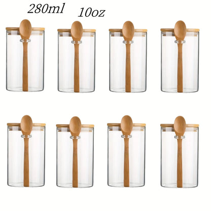 280Ml Candy Jar, Biscuit Jar, Glass Storage Jar with Sealed Bamboo Lid and Spoon - 10Oz Transparent Glass Bulk Food Storage Jar