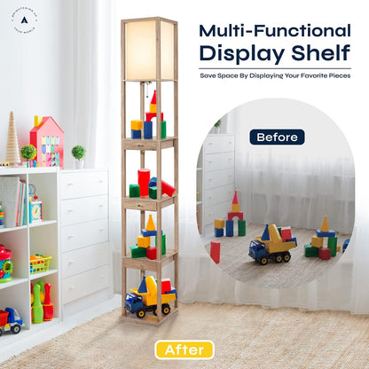 Shelf Floor Lamp with Storage Drawers – Wooden Standing Lamp with Pull Chain and Warm LED Lighting – Perfect for Bedroom, Living Room, Small Spaces Aaron