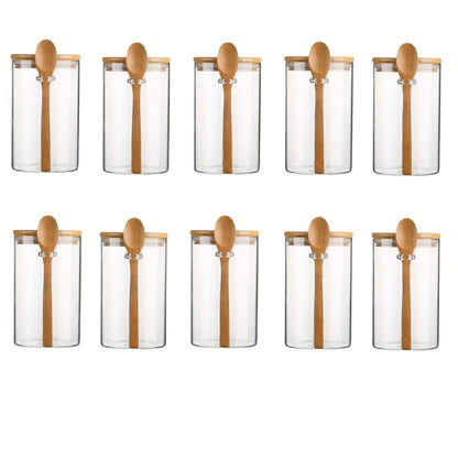 280Ml Candy Jar, Biscuit Jar, Glass Storage Jar with Sealed Bamboo Lid and Spoon - 10Oz Transparent Glass Bulk Food Storage Jar